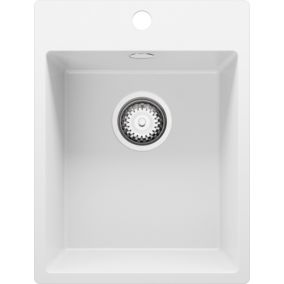 PRIMAGRAN Evier Cuisine en Granit 38x50cm, Lavabo + Kit de Vidage, Évier à Encastrer au meuble 40cm - Riga, Blanc