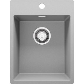 PRIMAGRAN Evier Cuisine en Granit 38x50cm, Lavabo + Kit de Vidage, Évier à Encastrer au meuble 40cm - Riga, Gris