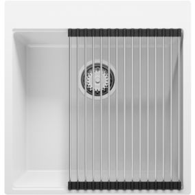 PRIMAGRAN Evier Cuisine en Granit 48x50cm, Lavabo + Kit de Vidage + Accessoire, Évier à Encastrer au meuble 50cm - Oslo, Blanc