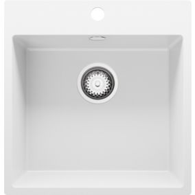 PRIMAGRAN Evier Cuisine en Granit 48x50cm, Lavabo + Kit de Vidage, Évier à Encastrer au meuble 50cm - Riga, Blanc