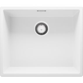 PRIMAGRAN Evier Cuisine en Granit 56x47cm, Lavabo + Kit de Vidage, Évier à Encastrer au meuble 60cm - London Slim, Blanc