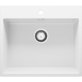 PRIMAGRAN Evier Cuisine en Granit 58x50cm, Lavabo + Kit de Vidage, Évier à Encastrer au meuble 60cm - Riga, Blanc