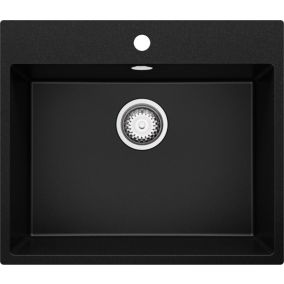 PRIMAGRAN Evier Cuisine en Granit 58x50cm, Lavabo + Kit de Vidage, Évier à Encastrer au meuble 60cm - Riga, Noir