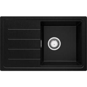 PRIMAGRAN Evier Cuisine en Granit 70x44cm, Lavabo + Kit de Vidage, Évier à Encastrer au meuble 45cm - Copenhague Easy, Noir