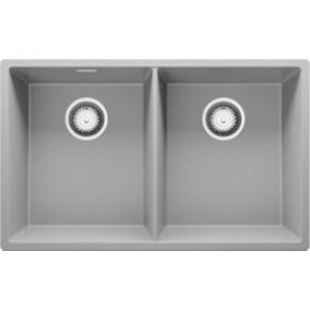 PRIMAGRAN Evier Cuisine en Granit 76x47cm, Lavabo + Kit de Vidage, Évier à Encastrer au meuble 80cm - London Slim Twin, Gris