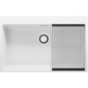 PRIMAGRAN Evier Cuisine en Granit 78x50cm, Lavabo + Kit de Vidage + Accessoire, Évier à Encastrer au meuble 80cm - Oslo, Blanc