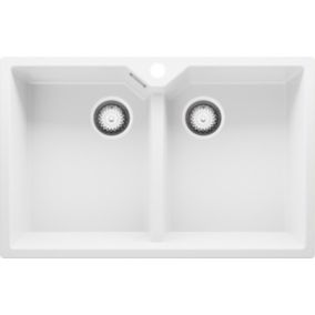 PRIMAGRAN Evier Cuisine en Granit 78x50cm, Lavabo + Kit de Vidage, Évier à Encastrer au meuble 80cm - Madrid Twin, Blanc