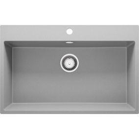 PRIMAGRAN Evier Cuisine en Granit 78x50cm, Lavabo + Kit de Vidage, Évier à Encastrer au meuble 80cm - Riga, Gris