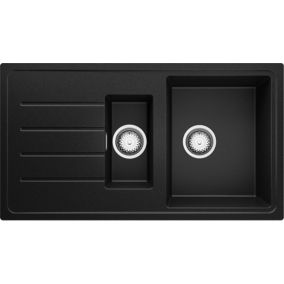 PRIMAGRAN Evier Cuisine en Granit 90x50cm, Lavabo + Kit de Vidage, Évier à Encastrer au meuble 60cm - Copenhague Duo, Noir