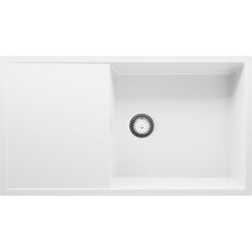 PRIMAGRAN Evier Cuisine en Granit 90x50cm, Lavabo + Kit de Vidage, Évier à Encastrer au meuble 60cm - Ibiza, Blanc