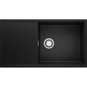 PRIMAGRAN Evier Cuisine en Granit 90x50cm, Lavabo + Kit de Vidage, Évier à Encastrer au meuble 60cm - Ibiza, Noir