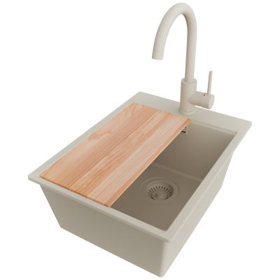 PRIMAGRAN Evier Cuisine en Granit Beige 38x50cm, Lavabo 1 bac + Kit de Vidage + Accessoires, Évier à Encastrer au meuble 40cm