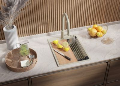 PRIMAGRAN Evier Cuisine en Granit Beige 38x50cm, Lavabo 1 bac + Kit de Vidage + Accessoires, Évier à Encastrer au meuble 40cm