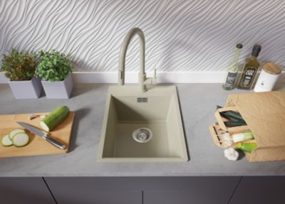 PRIMAGRAN Evier Cuisine en Granit Beige 38x50cm, Lavabo 1 bac + Kit de Vidage + Accessoires, Évier à Encastrer au meuble 40cm
