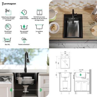 PRIMAGRAN Evier Cuisine en Granit Beige 38x50cm, Lavabo 1 bac + Kit de Vidage + Accessoires, Évier à Encastrer au meuble 40cm