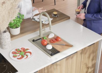 PRIMAGRAN Evier Cuisine en Granit Beige 38x50cm, Lavabo 1 bac + Kit de Vidage + Accessoires, Évier à Encastrer au meuble 40cm