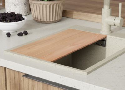 PRIMAGRAN Evier Cuisine en Granit Beige 38x50cm, Lavabo 1 bac + Kit de Vidage + Accessoires, Évier à Encastrer au meuble 40cm