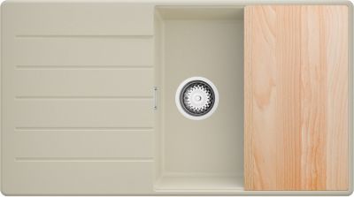 PRIMAGRAN Evier Cuisine en Granit Beige 90x50cm, Lavabo 1 bac + Kit de Vidage + Accessoires, Évier à Encastrer au meuble 60cm