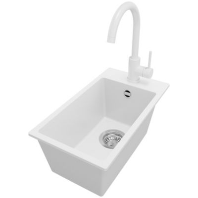 PRIMAGRAN Evier Cuisine en Granit Blanc 28x50cm, Lavabo 1 bac + Kit de Vidage + Accessoires, Évier à Encastrer au meuble 30cm