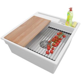 PRIMAGRAN Evier Cuisine en Granit Blanc 48x53cm, 1 bac + Kit de Vidage, Évier au meuble 50cm - Oslo Pocket