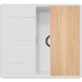 PRIMAGRAN Evier Cuisine en Granit Blanc 55x50cm, 1 bac + Kit de Vidage + Accessoires, Évier au meuble 40cm - Copenhague