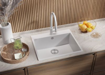 PRIMAGRAN Evier Cuisine en Granit Blanc 58x50cm, Lavabo 1 bac + Kit de Vidage, Évier à Encastrer au meuble 60cm - Riga