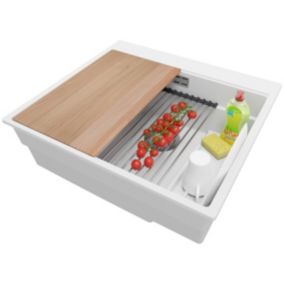 PRIMAGRAN Evier Cuisine en Granit Blanc 58x53cm, 1 bac + Kit de Vidage, Évier au meuble 60cm - Oslo Max