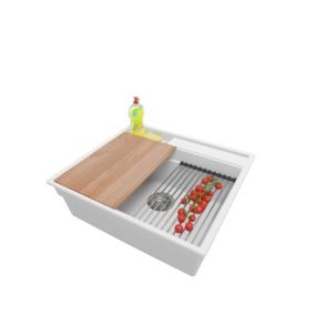 PRIMAGRAN Evier Cuisine en Granit Blanc 58x53cm, 1 bac + Kit de Vidage, Évier au meuble 60cm - Oslo Pocket