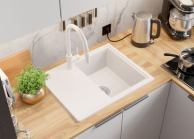 PRIMAGRAN Evier Cuisine en Granit Blanc 62x50cm, Lavabo 1 bac + Kit de Vidage, Évier à Encastrer au meuble 40cm - Milan