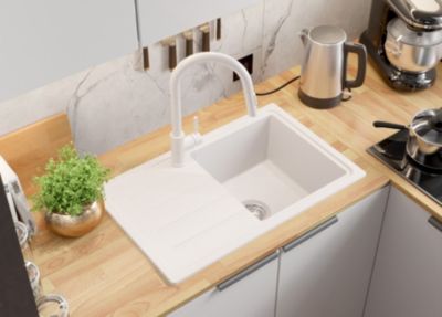 PRIMAGRAN Evier Cuisine en Granit Blanc 70x44cm, Lavabo 1 bac + Kit de Vidage, Évier à Encastrer au meuble 45cm - Copenhague Easy
