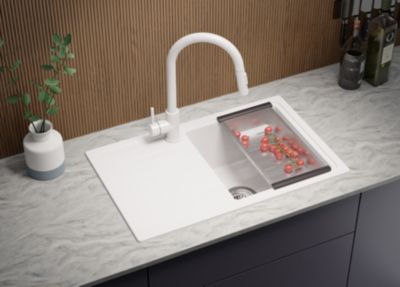 PRIMAGRAN Evier Cuisine en Granit Blanc 70x44cm, Lavabo 1 bac + Kit de Vidage, Évier à Encastrer au meuble 45cm - Copenhague Easy