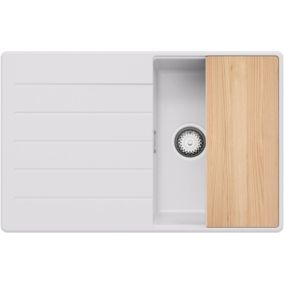 PRIMAGRAN Evier Cuisine en Granit Blanc 78x50cm, 1 bac + Kit de Vidage + Accessoires, Évier au meuble 45cm - Copenhague