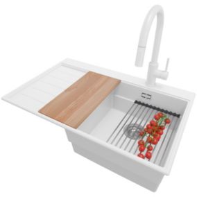 PRIMAGRAN Evier Cuisine en Granit Blanc 78x50cm, 1 bac + Kit de Vidage + Robinet 40x22cm, Évier au meuble 45cm - Sydney