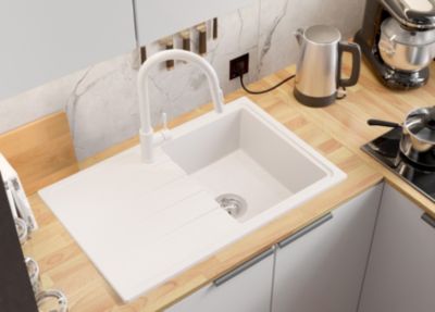 PRIMAGRAN Evier Cuisine en Granit Blanc 78x50cm, Lavabo 1 bac + Kit de Vidage, Évier à Encastrer au meuble 45cm - Milan