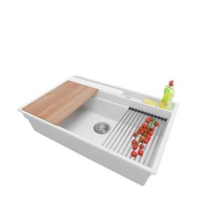 PRIMAGRAN Evier Cuisine en Granit Blanc 78x53cm, 1 bac + Kit de Vidage, Évier au meuble 80cm - Oslo Pocket
