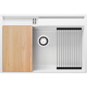 PRIMAGRAN Evier Cuisine en Granit Blanc 78x53cm, 1 bac + Kit de Vidage, Évier au meuble 80cm - Oslo Pocket