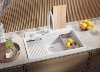 PRIMAGRAN Evier Cuisine en Granit Blanc 78x53cm, Lavabo 1 bac + Kit de Vidage + Accessoires, Évier à Encastrer au meuble 80cm
