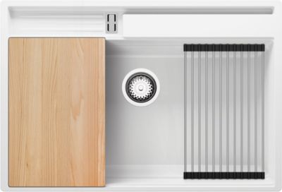 PRIMAGRAN Evier Cuisine en Granit Blanc 78x53cm, Lavabo 1 bac + Kit de Vidage + Accessoires, Évier à Encastrer au meuble 80cm