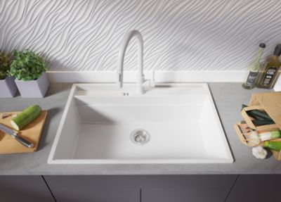 PRIMAGRAN Evier Cuisine en Granit Blanc 78x53cm, Lavabo 1 bac + Kit de Vidage + Accessoires, Évier à Encastrer au meuble 80cm