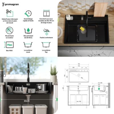PRIMAGRAN Evier Cuisine en Granit Blanc 78x53cm, Lavabo 1 bac + Kit de Vidage + Accessoires, Évier à Encastrer au meuble 80cm