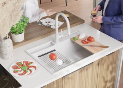 PRIMAGRAN Evier Cuisine en Granit Blanc 78x53cm, Lavabo 1 bac + Kit de Vidage + Accessoires, Évier à Encastrer au meuble 80cm