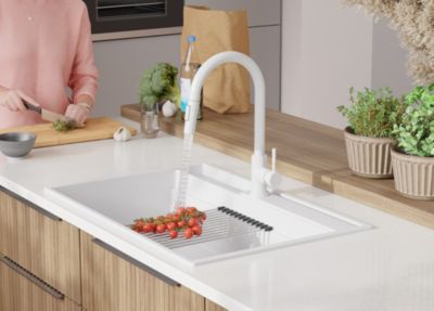 PRIMAGRAN Evier Cuisine en Granit Blanc 78x53cm, Lavabo 1 bac + Kit de Vidage + Accessoires, Évier à Encastrer au meuble 80cm
