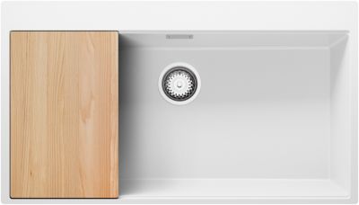 PRIMAGRAN Evier Cuisine en Granit Blanc 88x50cm, Lavabo 1 bac + Kit de Vidage + Accessoires, Évier à Encastrer au meuble 90cm