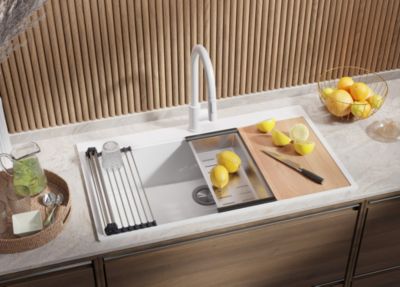 PRIMAGRAN Evier Cuisine en Granit Blanc 88x50cm, Lavabo 1 bac + Kit de Vidage + Accessoires, Évier à Encastrer au meuble 90cm