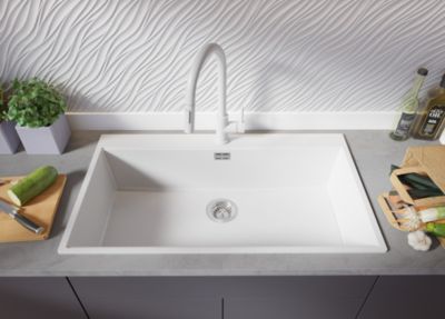 PRIMAGRAN Evier Cuisine en Granit Blanc 88x50cm, Lavabo 1 bac + Kit de Vidage + Accessoires, Évier à Encastrer au meuble 90cm