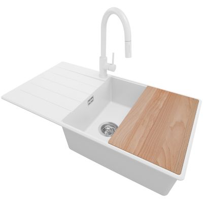 PRIMAGRAN Evier Cuisine en Granit Blanc 90x50cm, Lavabo 1 bac + Kit de Vidage + Accessoires, Évier à Encastrer au meuble 60cm