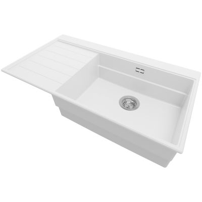 PRIMAGRAN Evier Cuisine en Granit Blanc 90x50cm, Lavabo 1 bac + Kit de Vidage, Évier à Encastrer au meuble 60cm - Sydney