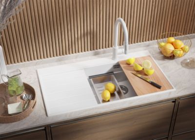 PRIMAGRAN Evier Cuisine en Granit Blanc 90x50cm, Lavabo 1 bac + Kit de Vidage, Évier à Encastrer au meuble 60cm - Sydney