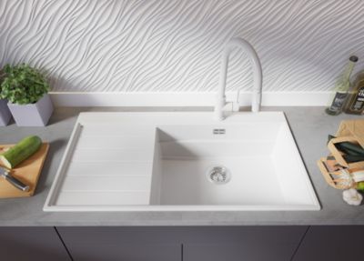 PRIMAGRAN Evier Cuisine en Granit Blanc 90x50cm, Lavabo 1 bac + Kit de Vidage, Évier à Encastrer au meuble 60cm - Sydney