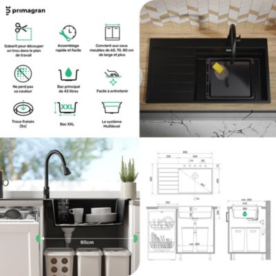 PRIMAGRAN Evier Cuisine en Granit Blanc 90x50cm, Lavabo 1 bac + Kit de Vidage, Évier à Encastrer au meuble 60cm - Sydney